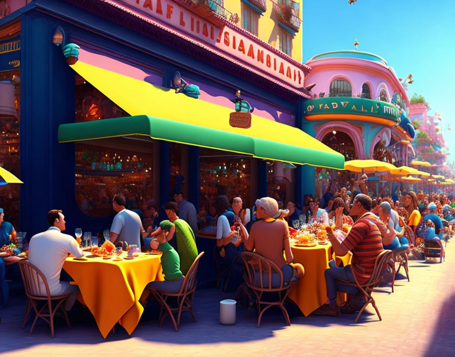 Vibrant outdoor cafe scene with people dining under colorful awnings on a sunny day