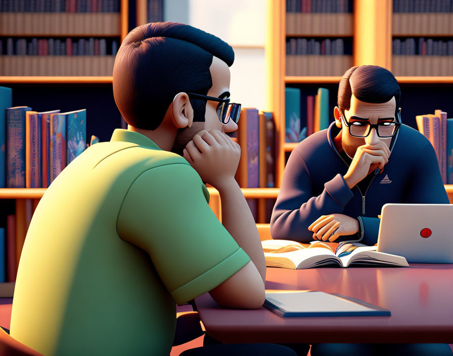 Animated characters studying in library with books and laptop