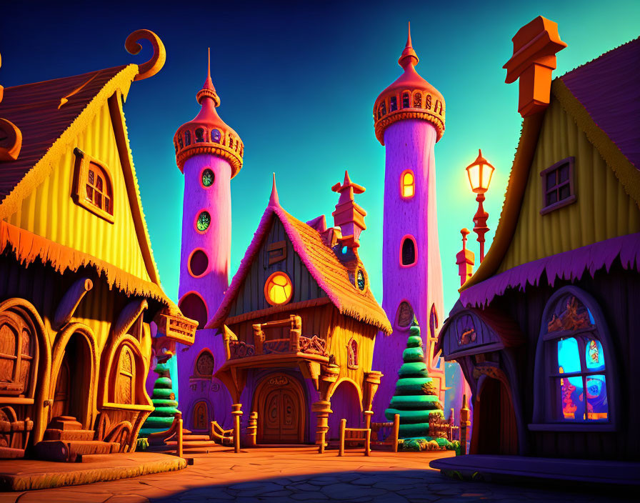 Vibrant fantasy village at twilight with whimsical houses and glowing windows