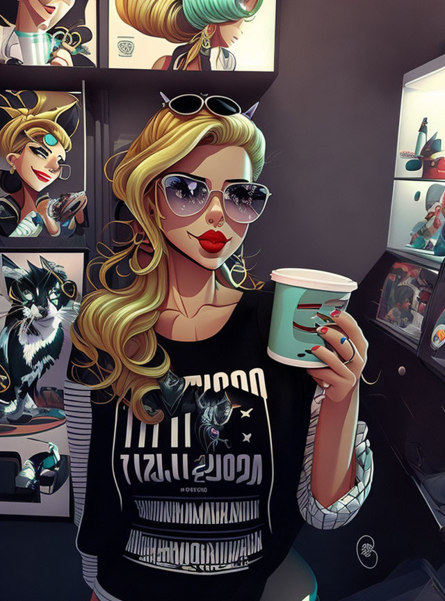 Fashionable woman with sunglasses and coffee cup in pop-art setting with cat - modern chic vibe