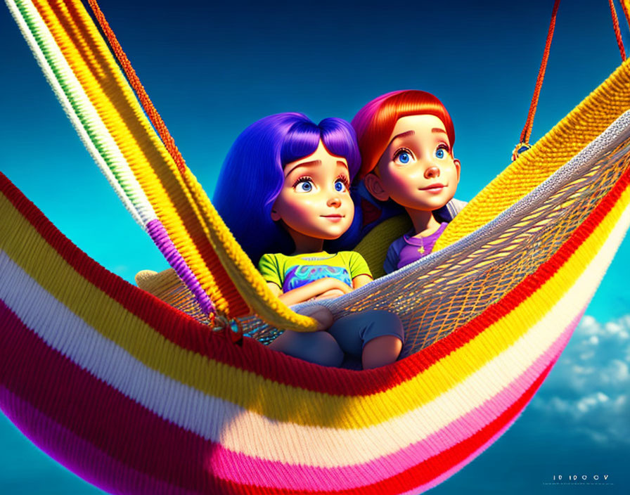 Colorful-Haired Girls Relaxing in Rainbow Hammock Under Blue Sky