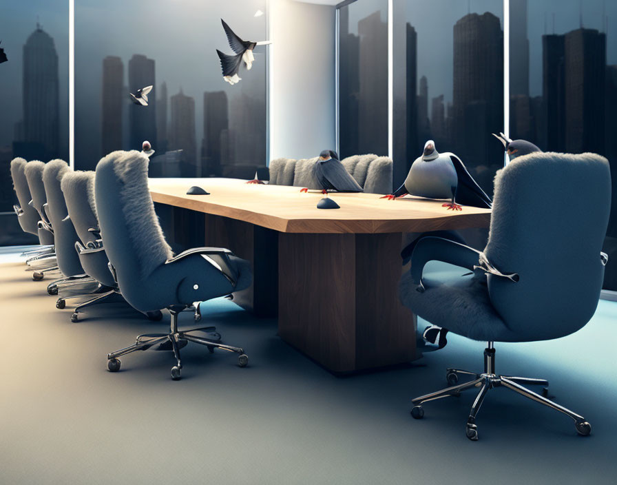 Pigeons on Swivel Chairs in Urban Office Setting