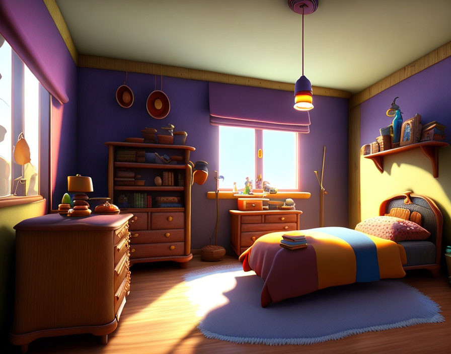 Cartoon bedroom with violet walls, wooden dresser, bed with colorful linens, and round rug