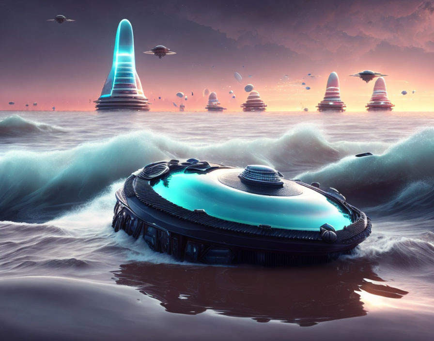 Futuristic UFOs over turbulent ocean with alien structures