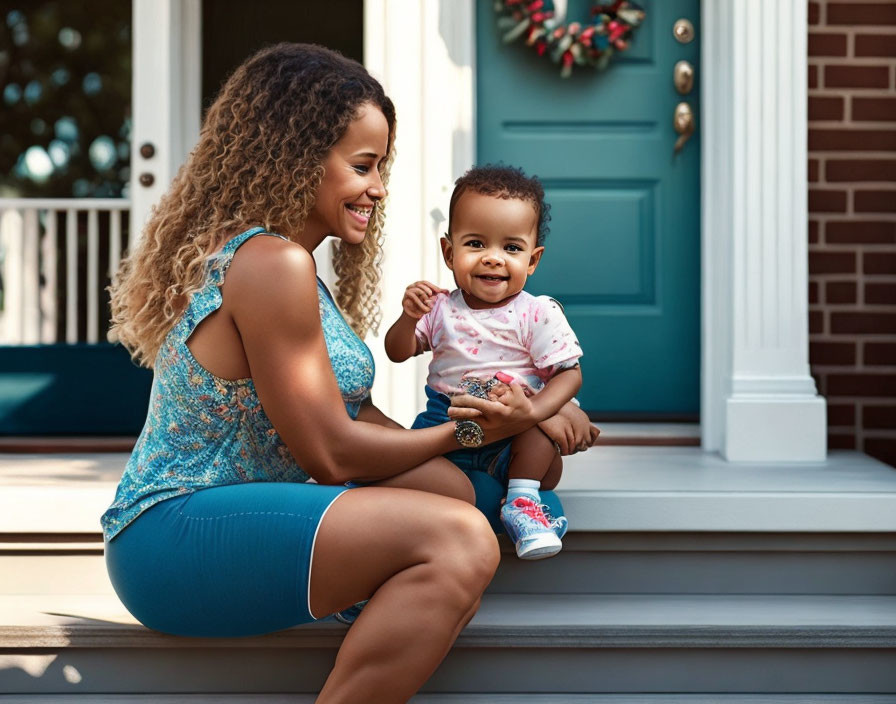 Smiling woman and baby on porch steps with wreath.