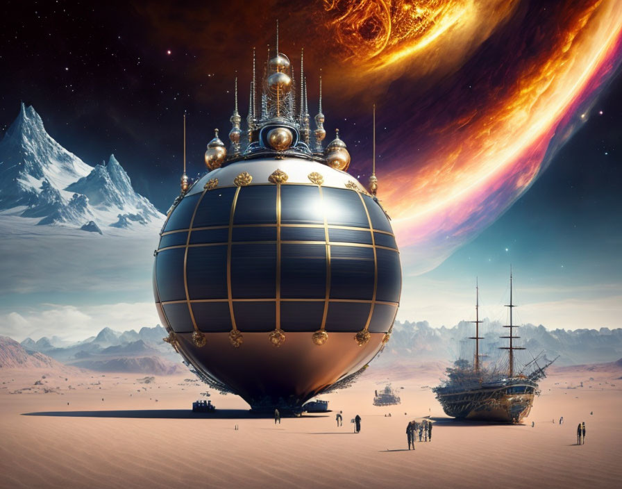 Spherical futuristic building hovers over desert with alien sky, giant planet, and sun