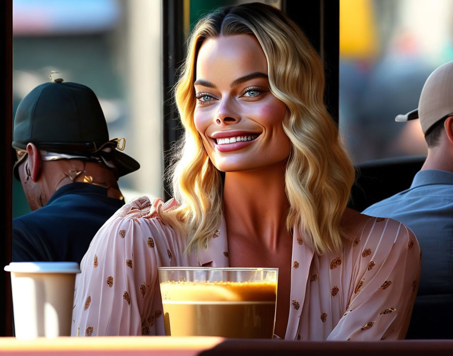 Blonde woman smiling at cafe table with coffee cup