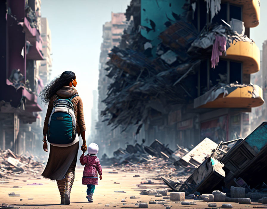 Woman and child walking in post-apocalyptic urban landscape