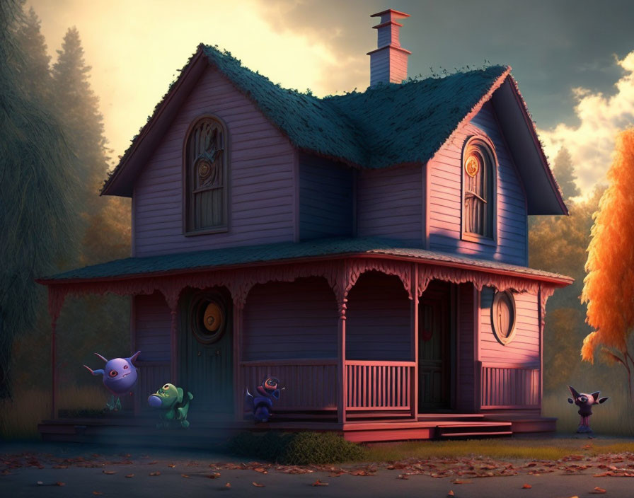 Purple House with Blue Roof and Quirky Creatures at Twilight