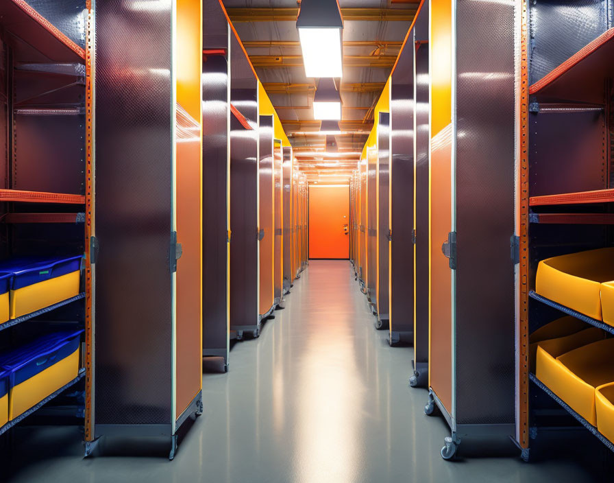 Warehouse aisle with storage shelves and warm lighting.