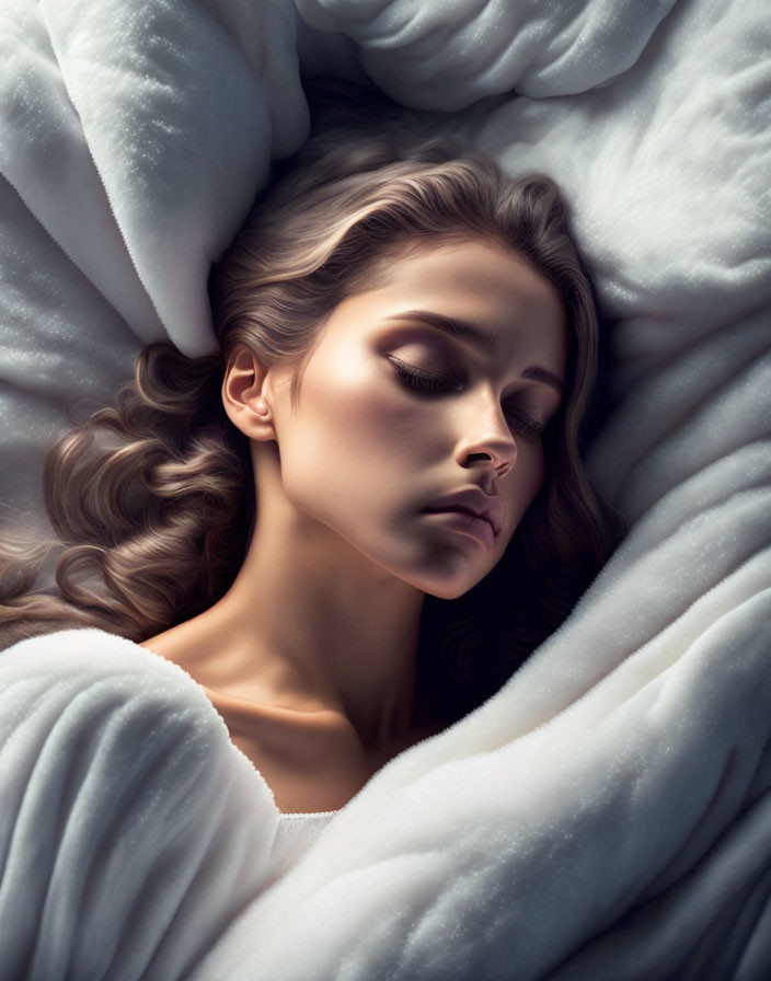 Curly-Haired Woman Sleeping Peacefully in White Blankets