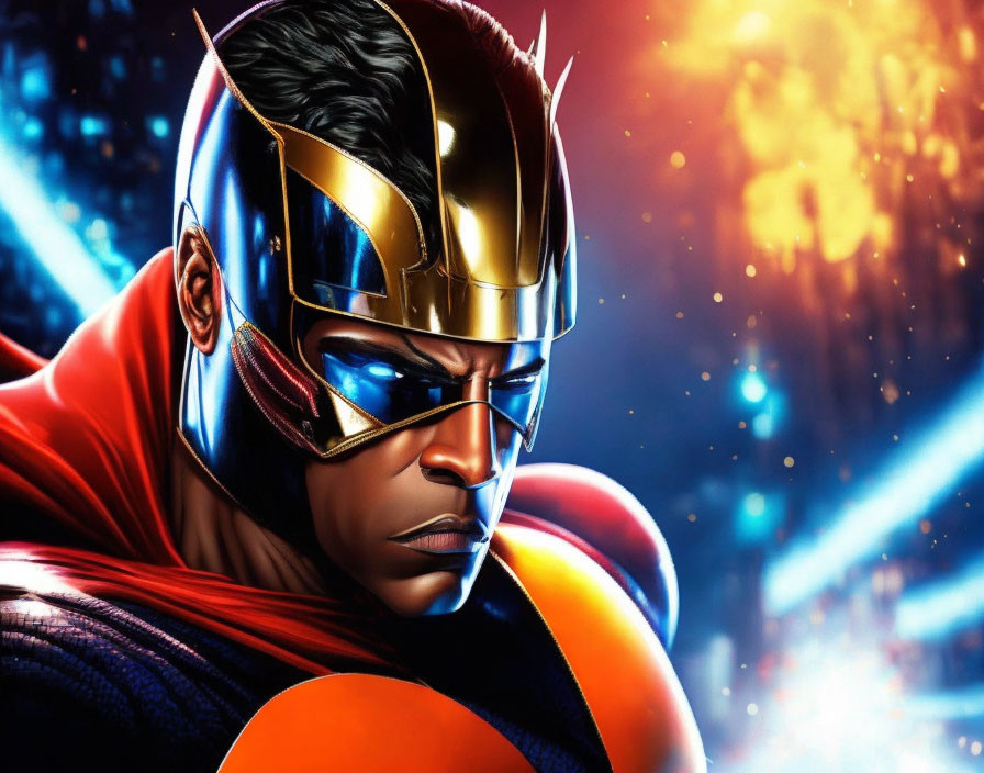 Male superhero with golden helmet in vibrant blue and red suit against fiery cosmic backdrop