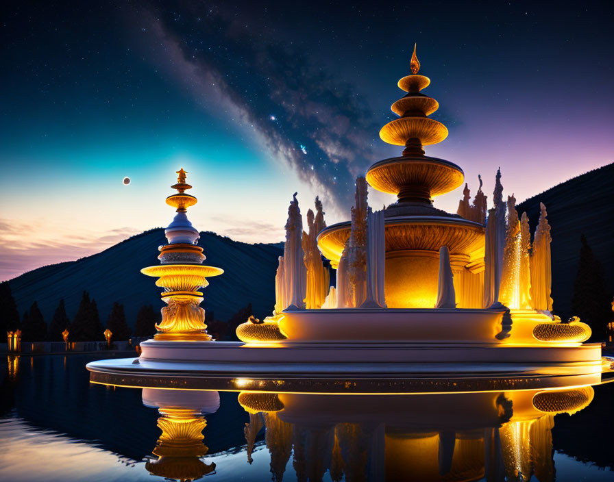 Illuminated temple with multiple tiers reflected in water at twilight