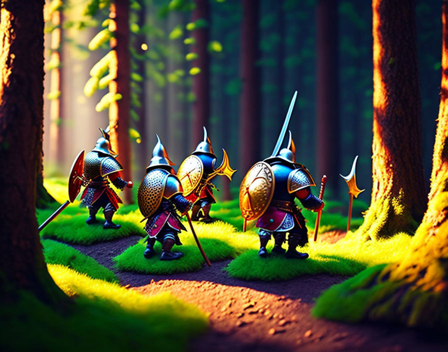 Armored knights in vibrant forest with mossy ground