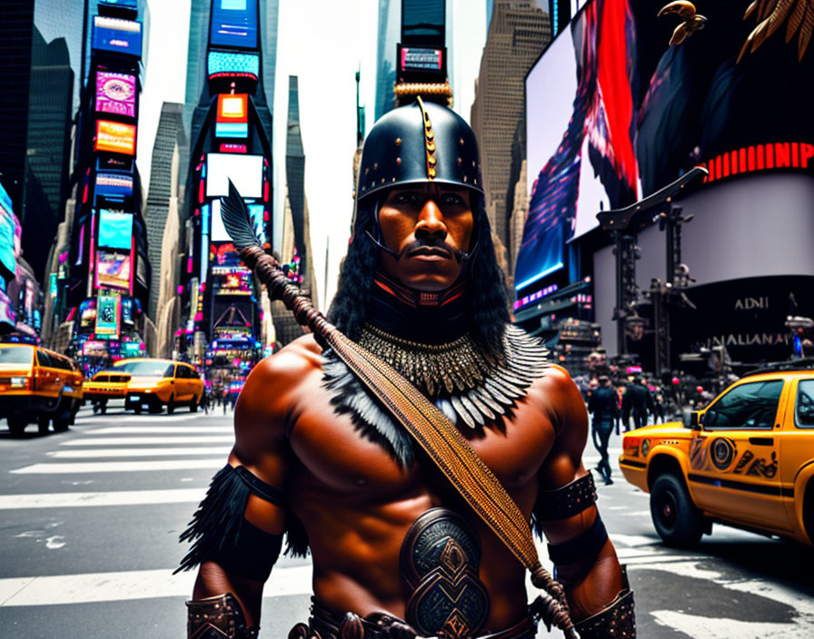 Tribal warrior in helmet and spear in Times Square scene