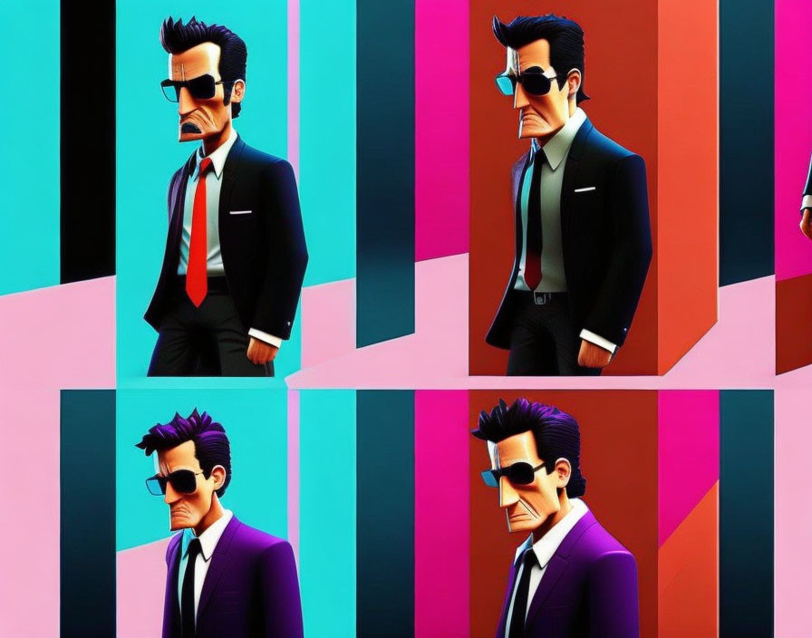 Stylized man in suit with sunglasses and various hairstyles against split pink and blue backgrounds.