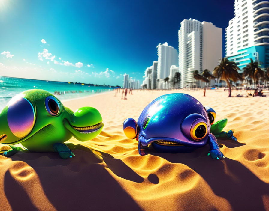 Colorful Cartoonish Frogs on Sunny Beach with Skyscrapers