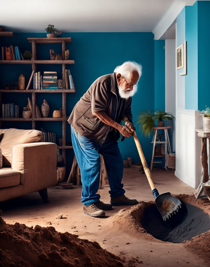 Elderly man shoveling sand in blue-walled living room