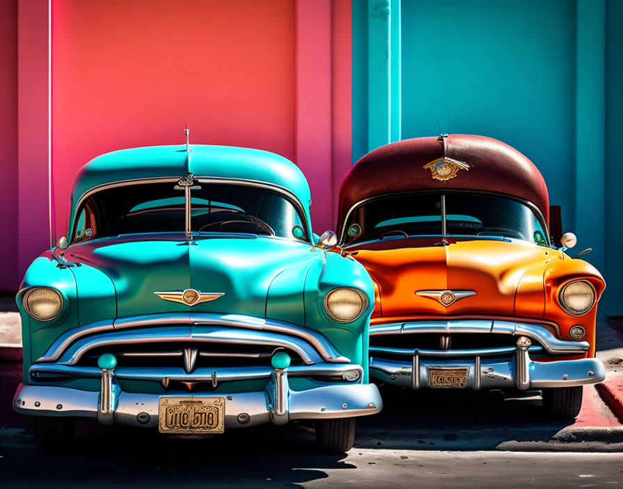 Vintage Turquoise and Yellow-Orange Cars Against Pink and Blue Background