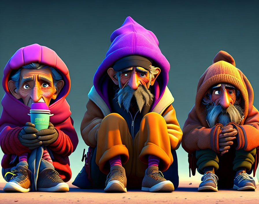 Colorful Winter Clothes: Animated Elderly Characters with Exaggerated Features Sitting Together