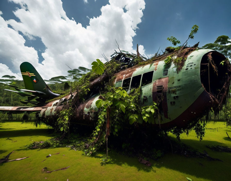 Abandoned plane covered in foliage in green field under cloudy sky