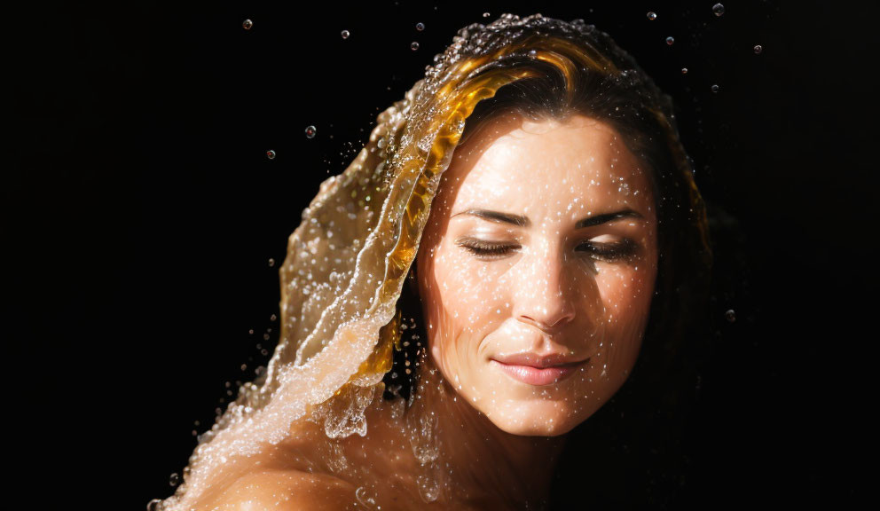 Woman with Water Splashing in Dark Background