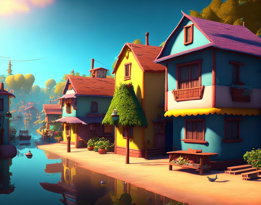 Vibrant cartoon-style houses by calm water canal