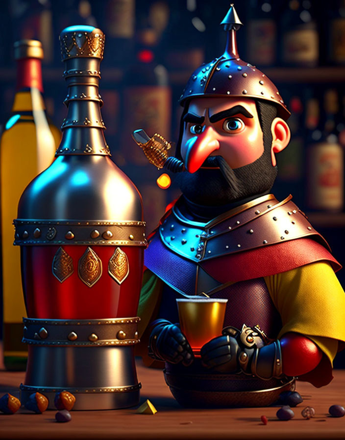 Knight in armor holding a goblet in bar setting with themed bottle and drinks