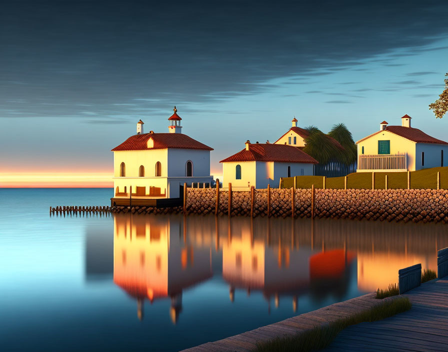 Whitewashed buildings with red roofs reflecting in still water at sunset.