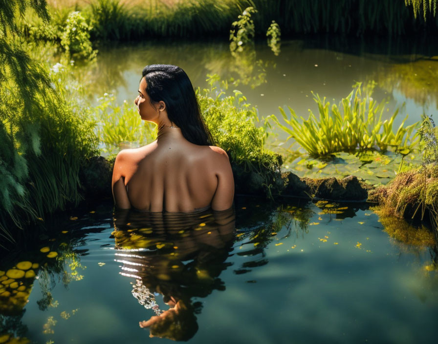 Woman relaxing in natural pond surrounded by greenery