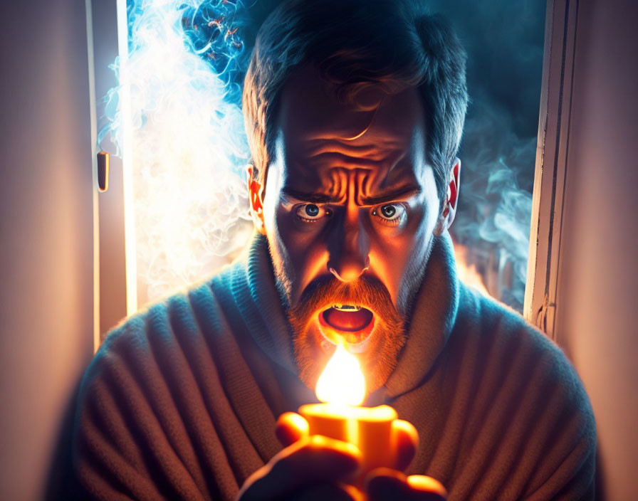 Bearded man holding candle in surprise