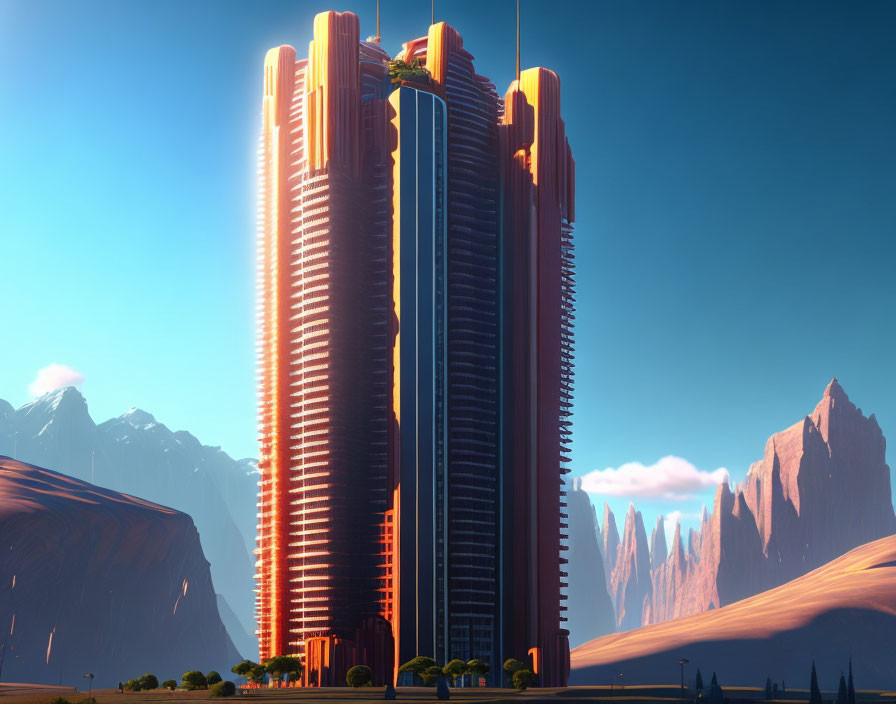 Modern skyscrapers connected by skybridge with mountain backdrop under clear blue sky