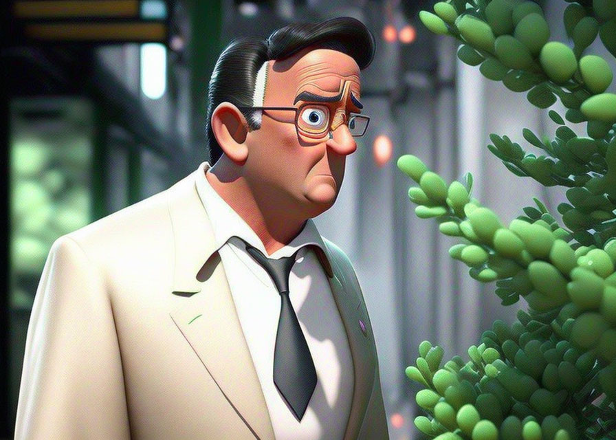 Male 3D animated character in cream suit, black tie, and glasses looks surprised or concerned