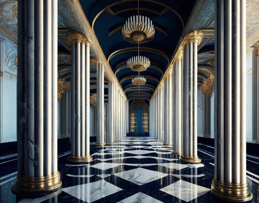 Luxurious Hall with Checkered Floors, Golden Columns, Blue Ceiling, and Chandeliers