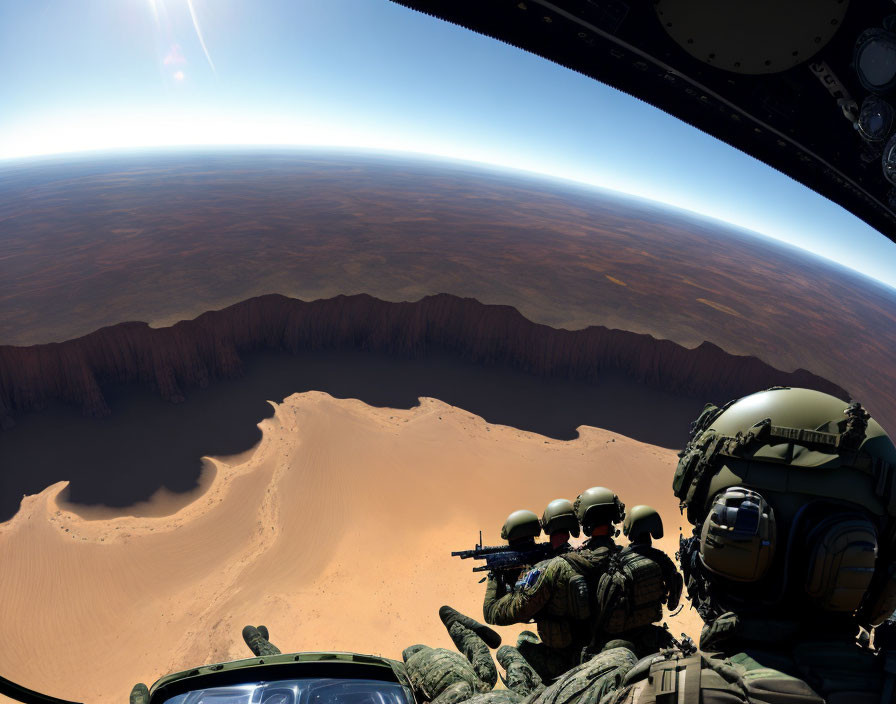 Astronauts with rifle view desert landscape from spacecraft orbit.