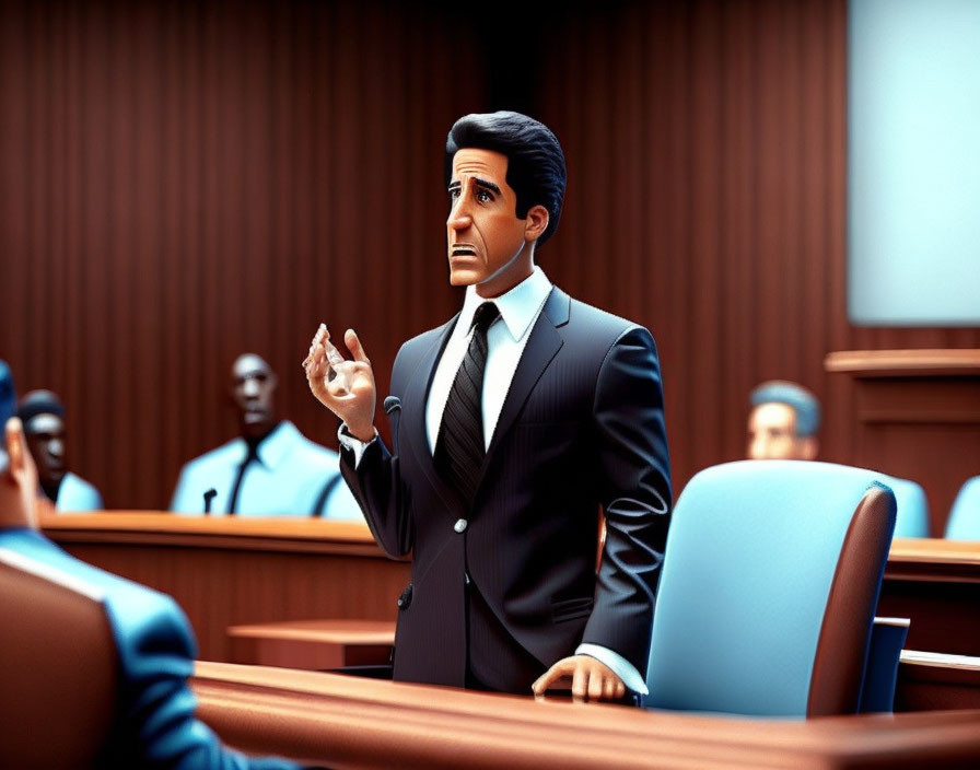 3D-animated male character in suit speaking in courtroom setting