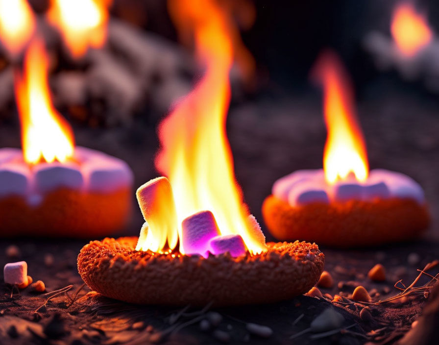 Marshmallows roasting over campfire on chocolate graham crackers