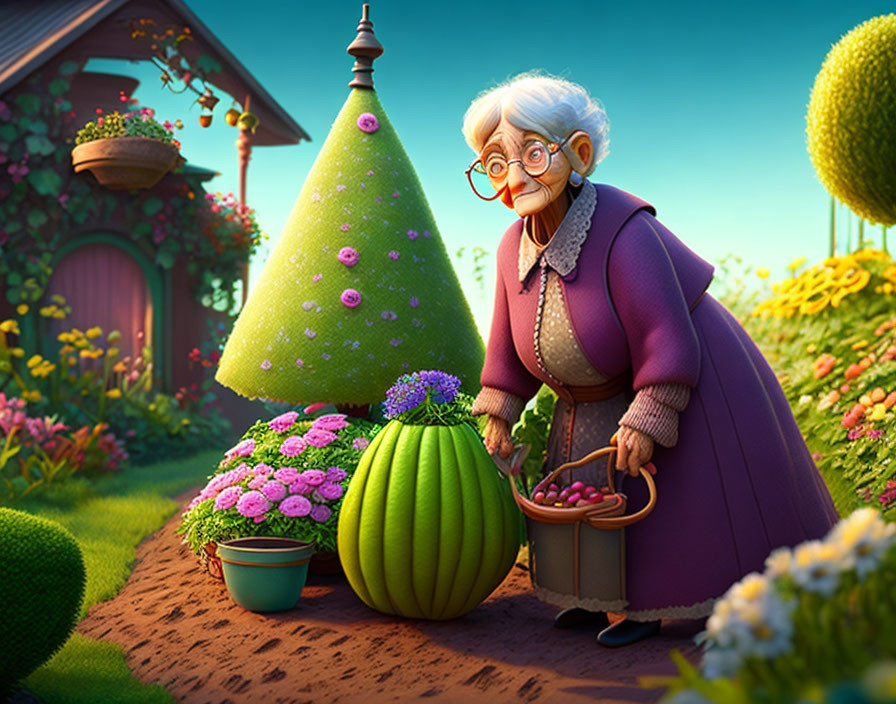 Elderly woman in purple attire with giant watermelon in vibrant garden