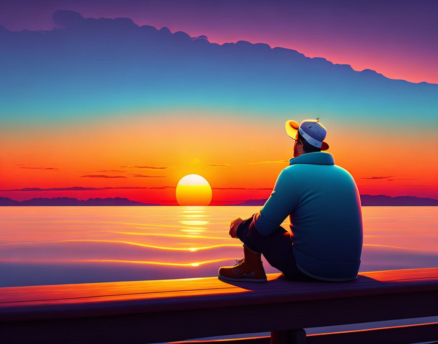 Person in Cap and Hoodie Watching Vibrant Ocean Sunset on Dock