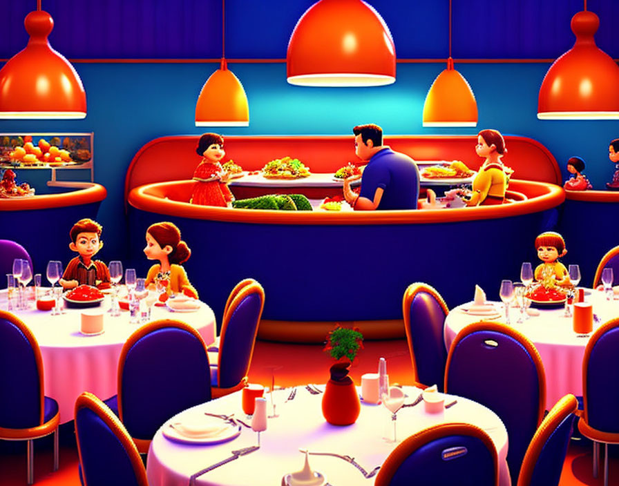 Vibrant restaurant scene with blue walls, orange lamps, and pink tables