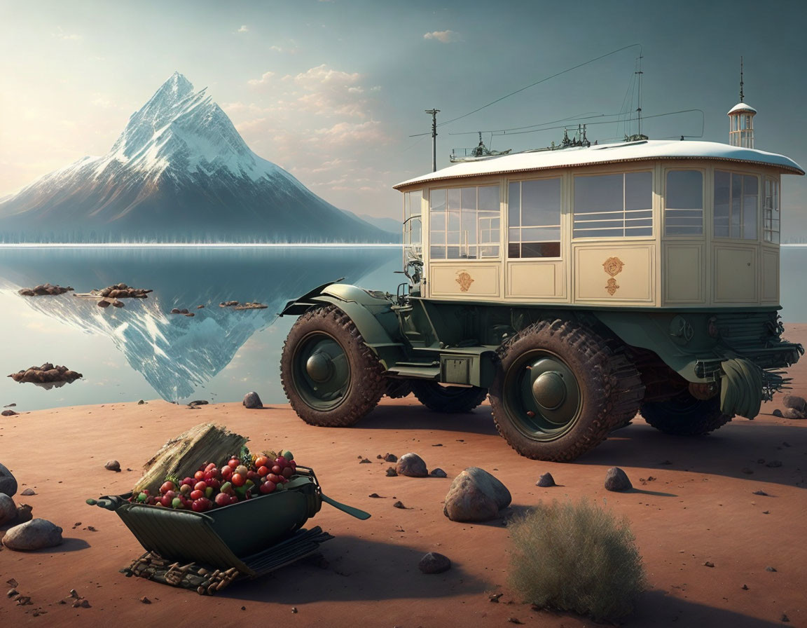 Vintage all-terrain vehicle by tranquil lake with red apples basket, mountain reflection.