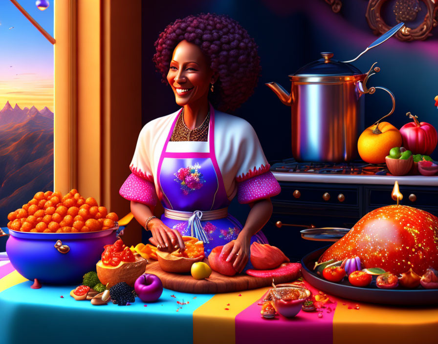 Woman slicing oranges in vibrant kitchen with sunset view