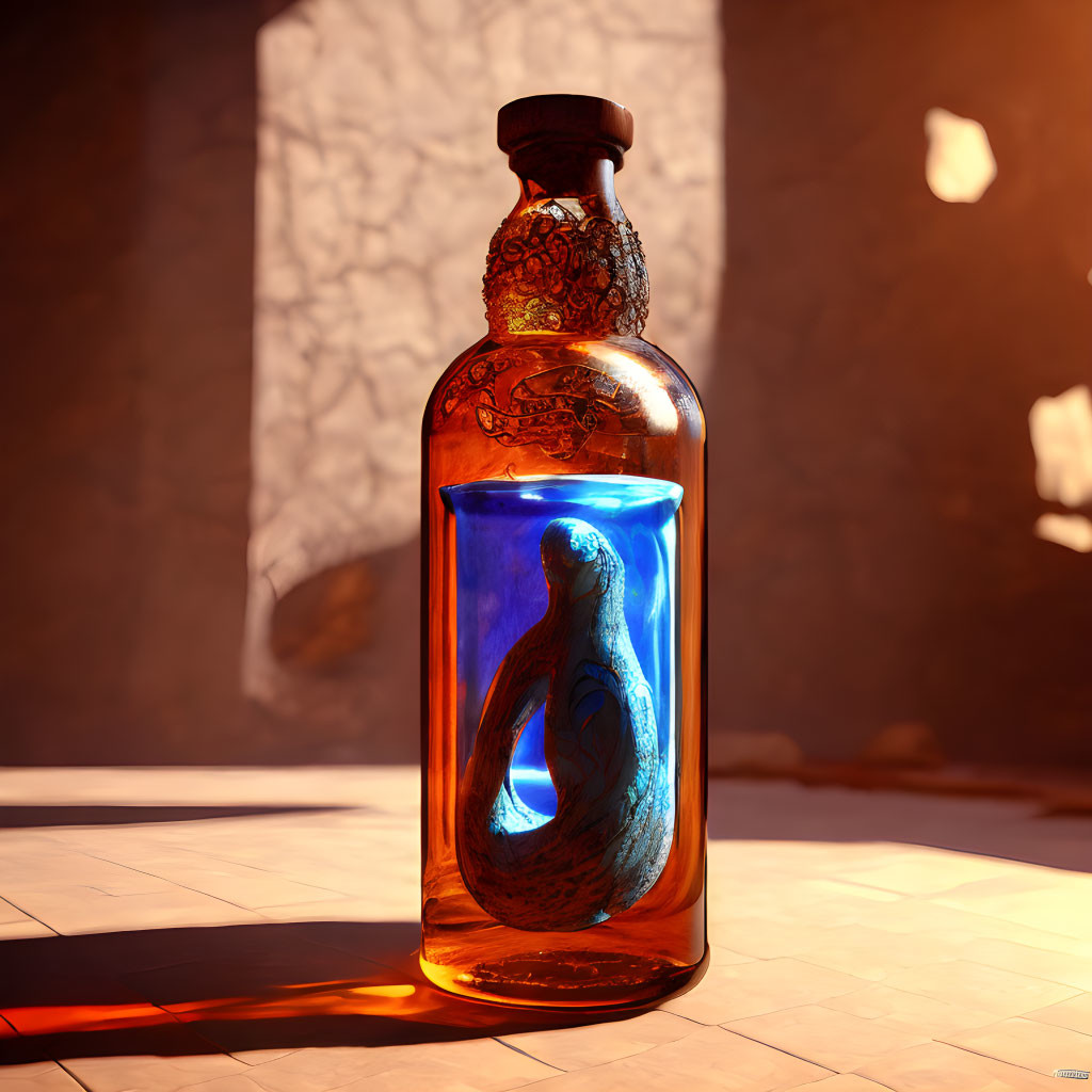 Mystical potion bottle with glowing blue substance and snake sculpture on tiled floor