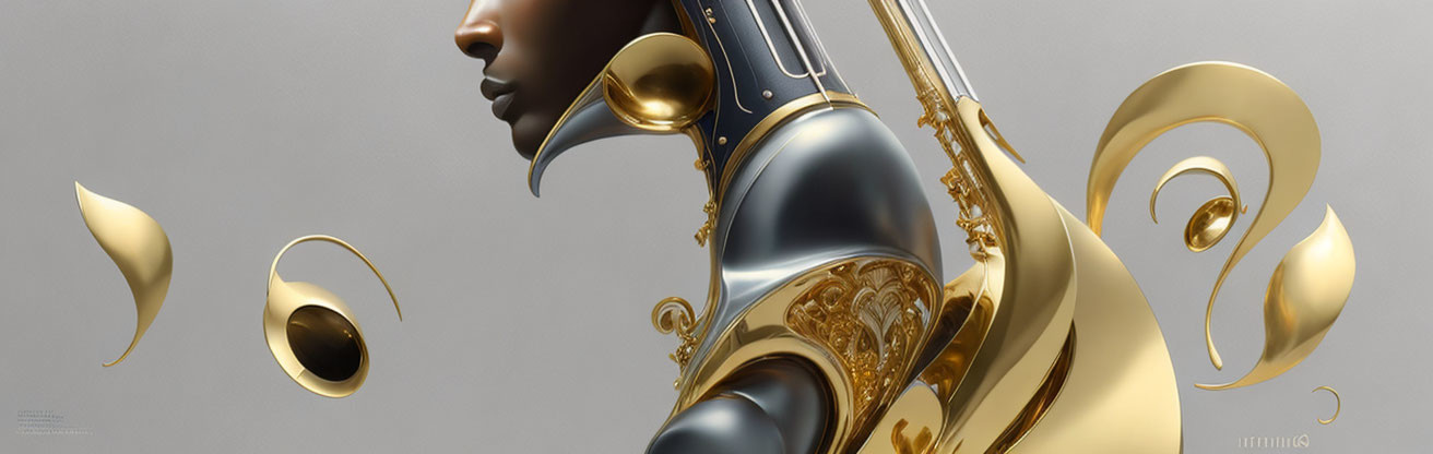 Futuristic female figure in golden armor and helmet on gray background