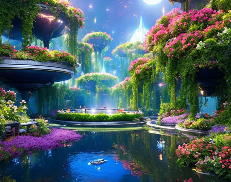 Fantastical garden with lush greenery, flowers, islands, and serene pond