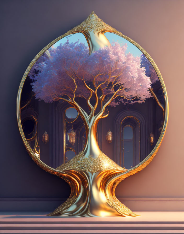 Surreal golden tree mirror reflecting purple blossoms and lanterns in twilight