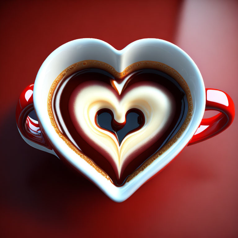 Heart-shaped coffee cup with latte art on red background