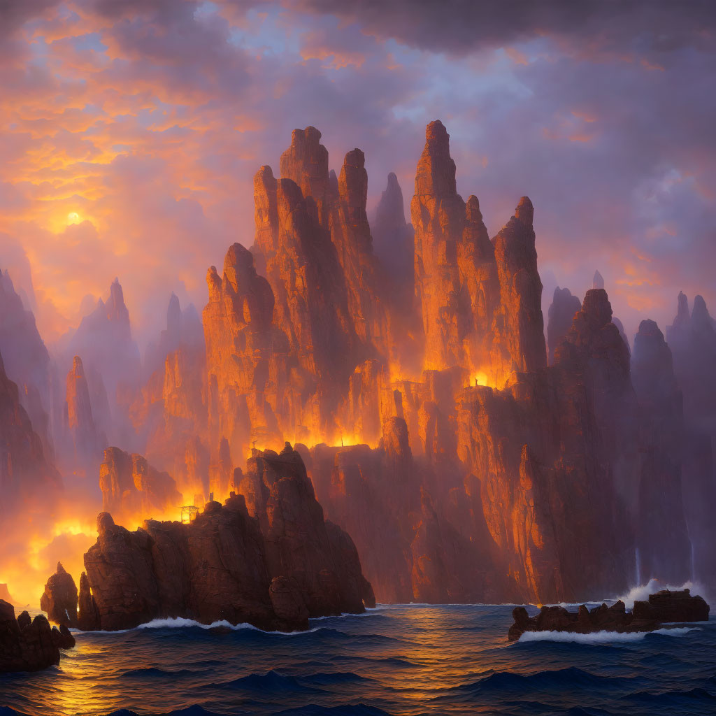 Majestic seascape with towering rock formations at sunset