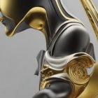 Futuristic female figure in golden armor and helmet on gray background