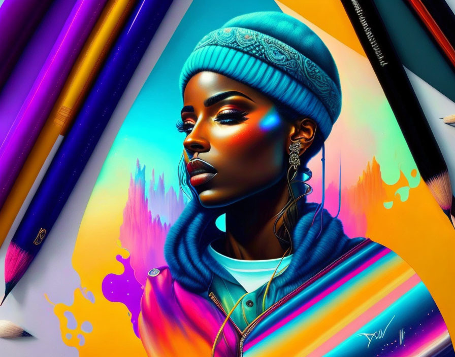 Vibrant Woman Portrait with Makeup, Beanie, Earrings, and Artistic Elements